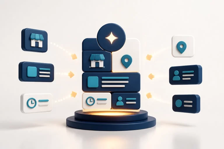 Abstract illustration of a verified local business profile connected to nearby customers