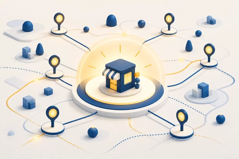 Abstract illustration of a local business connected to nearby discovery points