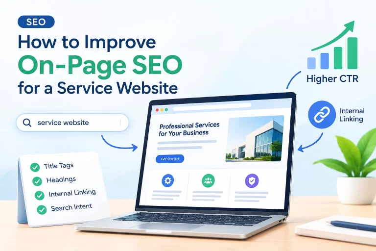 On-page SEO for a service website with a laptop, SEO checklist, internal linking and higher CTR graphic