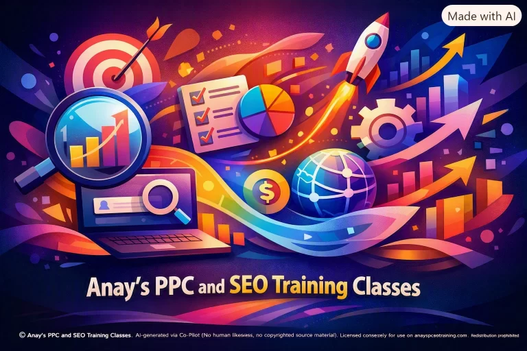 SEO audit illustration for a small service business showing analytics, an SEO checklist, growth charts and digital marketing tools