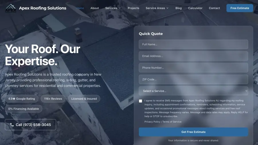 Current public website preview for Apex Roofing Solutions