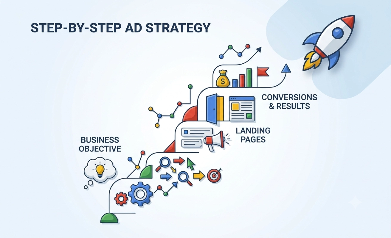 Illustrated step-by-step roadmap showing key stages of a Google Ads beginner campaign, from defining business objectives to landing pages and conversions.