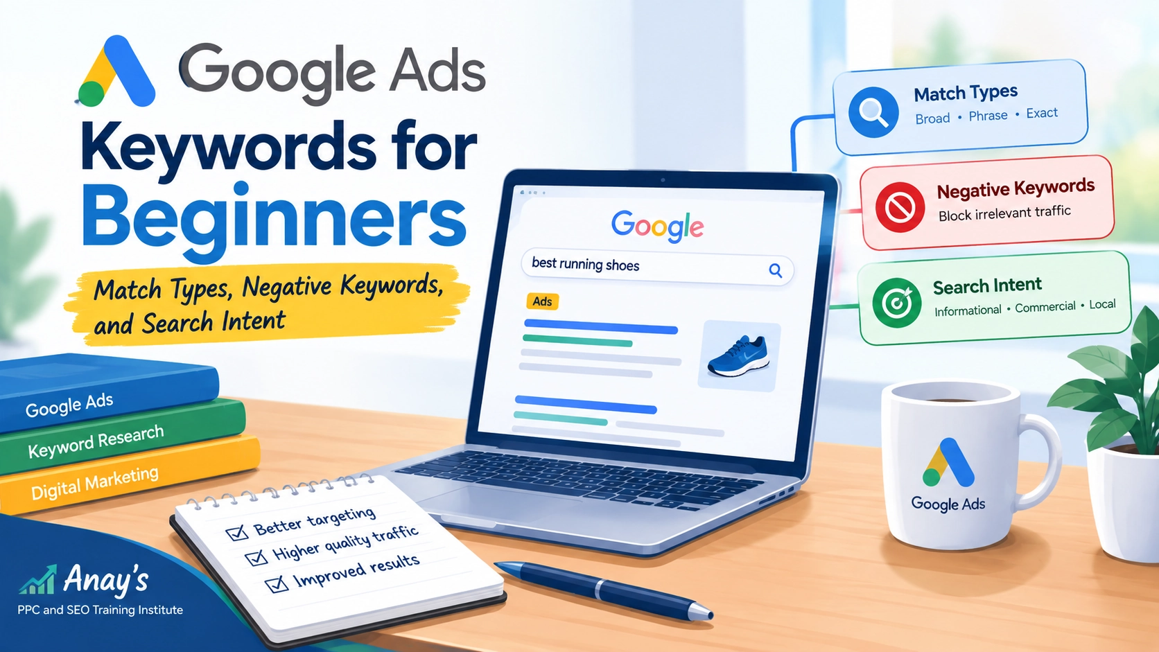 Google Ads keywords for beginners showing match types, negative keywords, and search intent