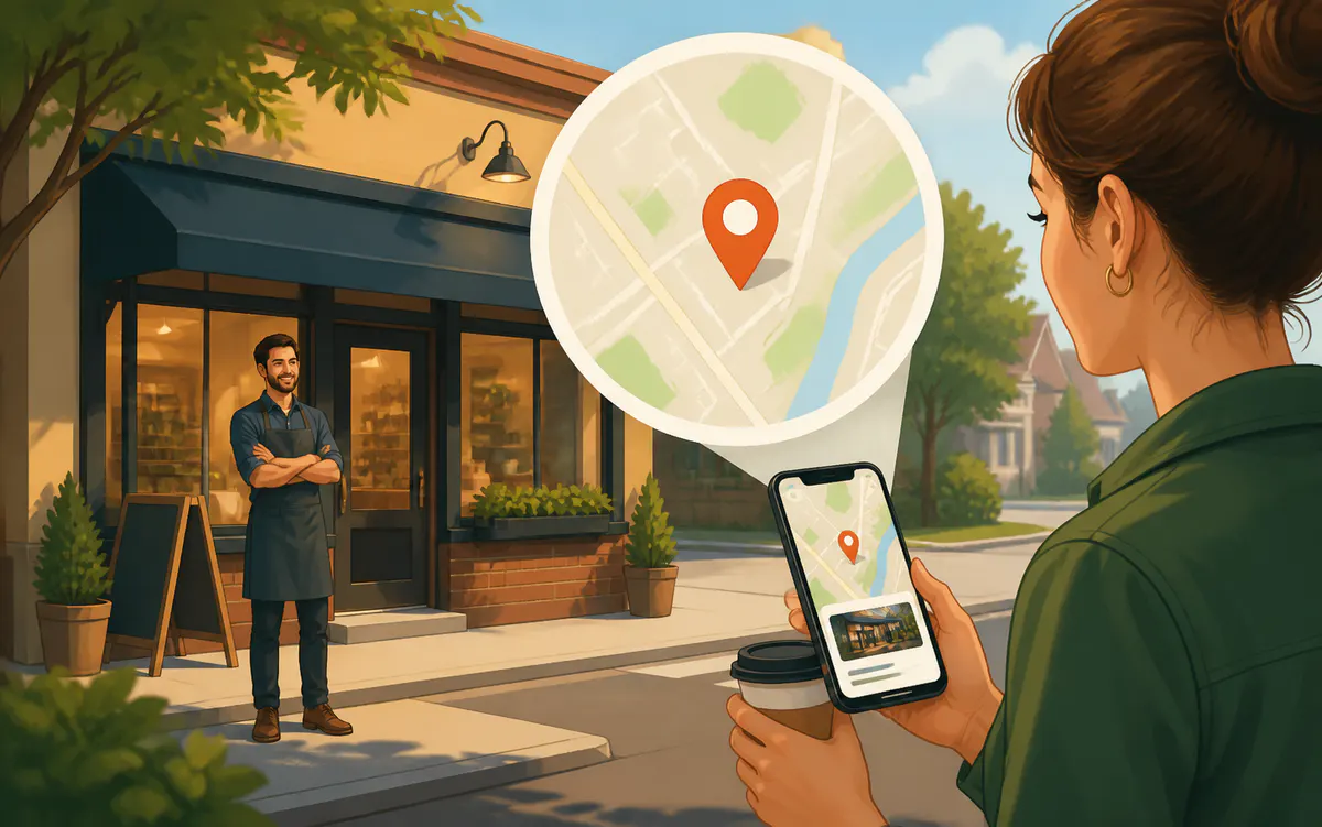 Local customer discovering a genuine nearby business through an accurate map listing