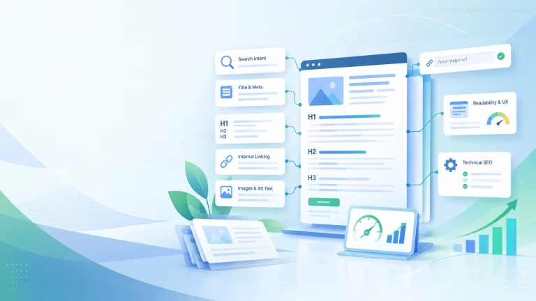 Abstract illustration showing key elements of an on-page SEO strategy including search intent, headings, internal linking, images, technical SEO and page performance