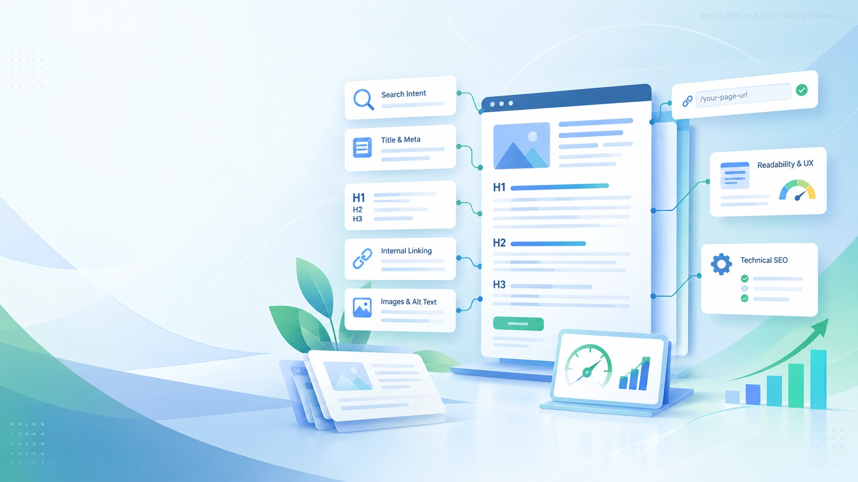 Abstract illustration showing key elements of an on-page SEO strategy including search intent, headings, internal linking, images, technical SEO and page performance