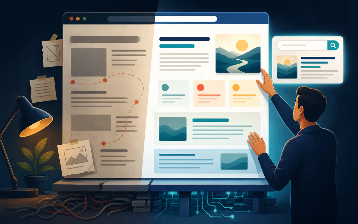 Website progressing from unclear structure to organized on-page SEO and stronger technical foundations