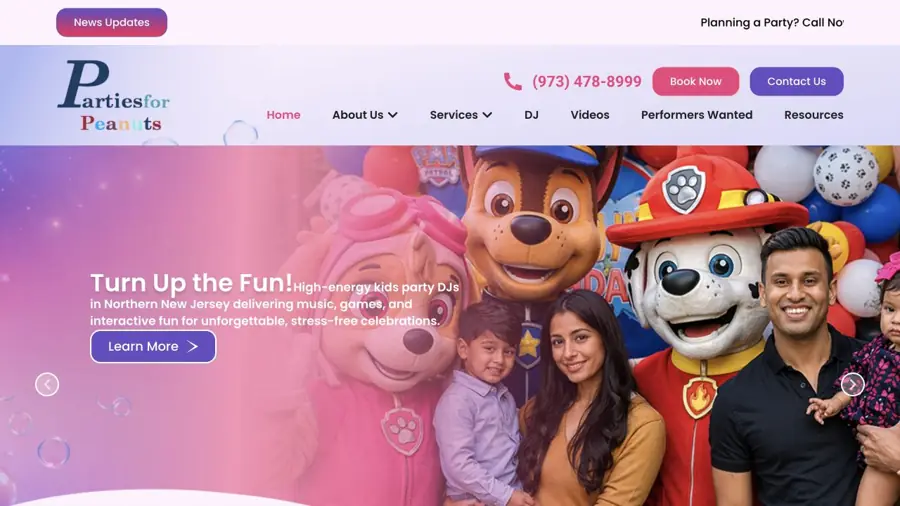 Current public website preview for Parties for Peanuts