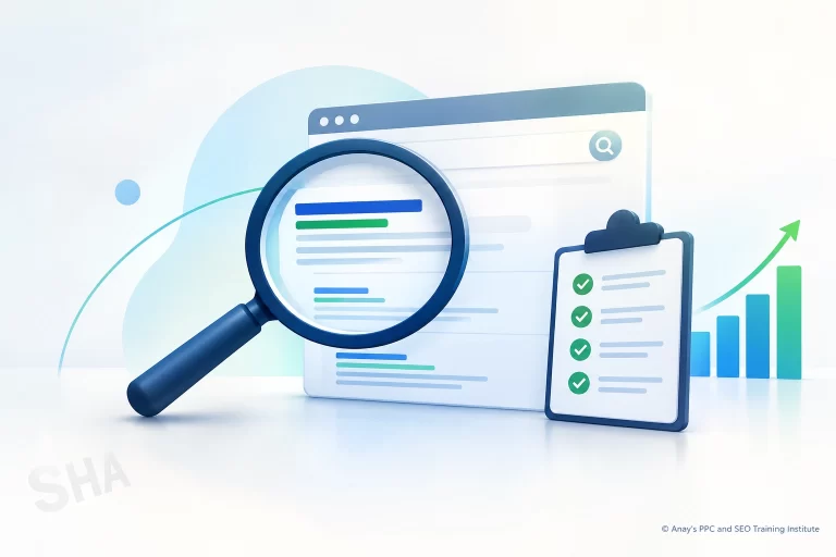 Illustration of a website SEO audit using a magnifying glass, checklist and performance chart