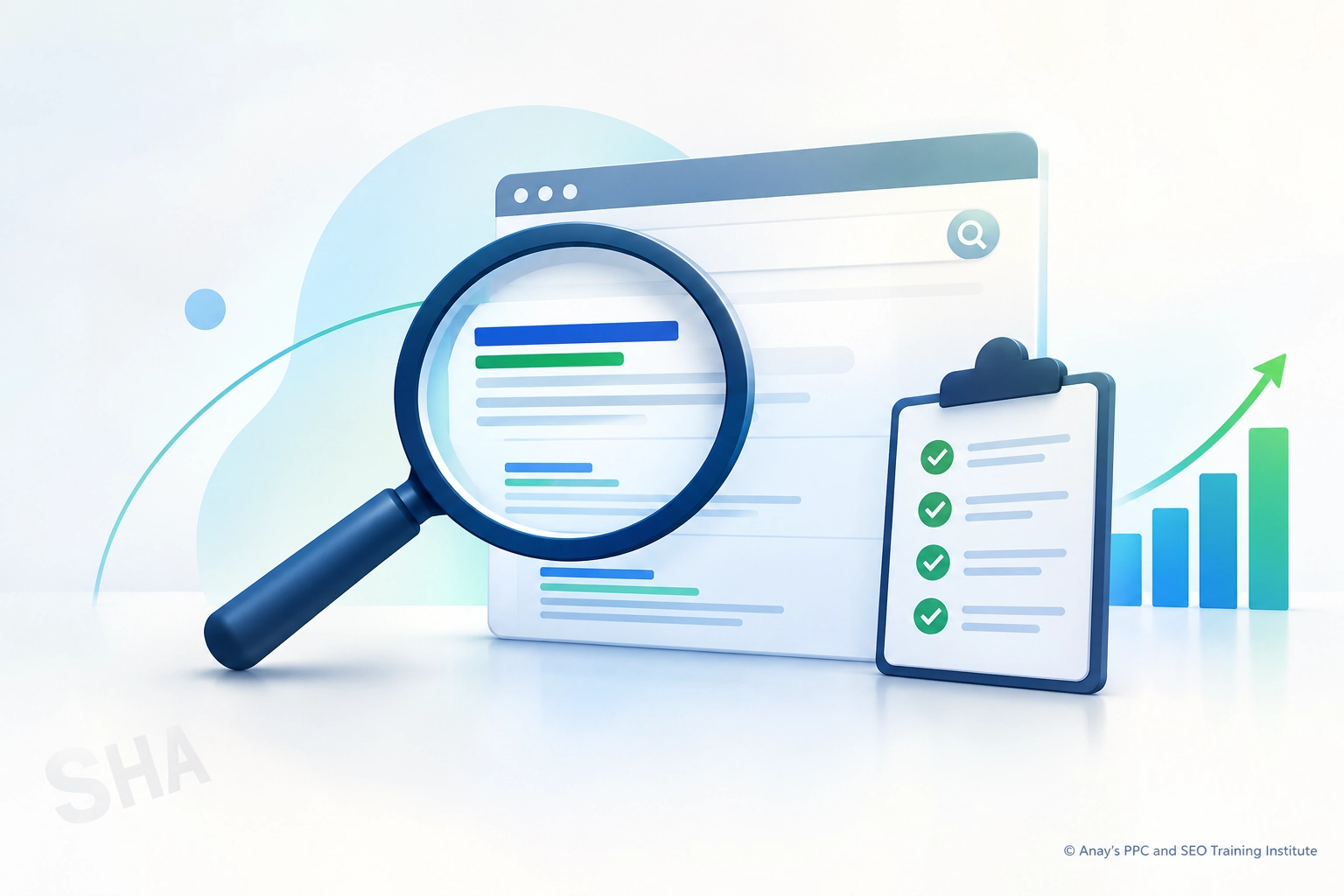 Illustration of a website SEO audit using a magnifying glass, checklist and performance chart