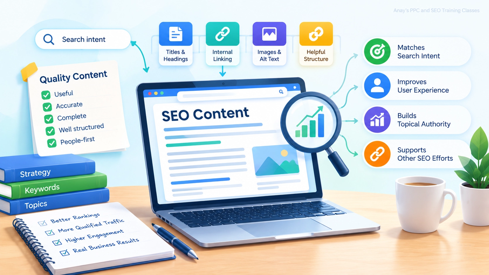 Abstract illustration showing useful SEO content with search intent, content quality, structure, internal linking and user experience